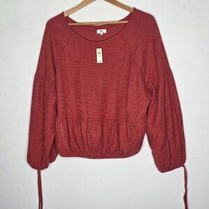 NEW Aerie L Women Endless Summer Cropped Sweatshirt Balloon Tie Sleeve Red